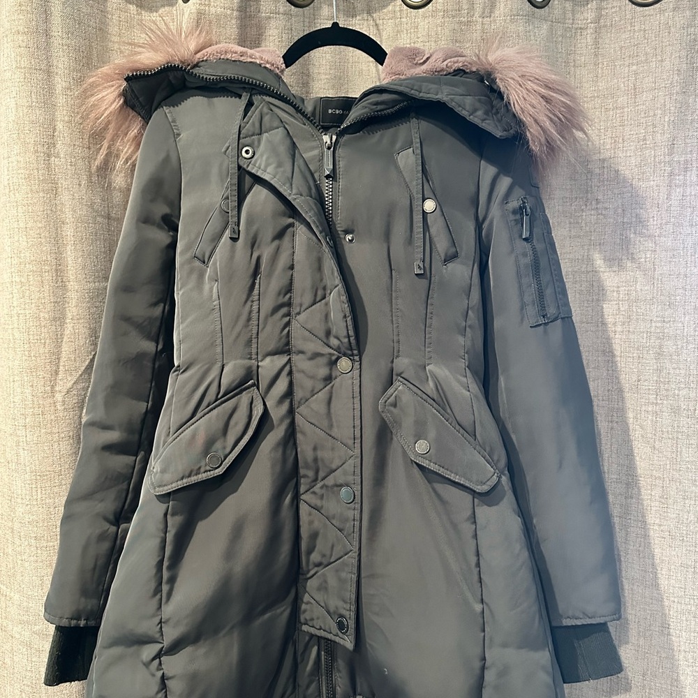BCBG Women's Gray Parka with Faux Fur Hood